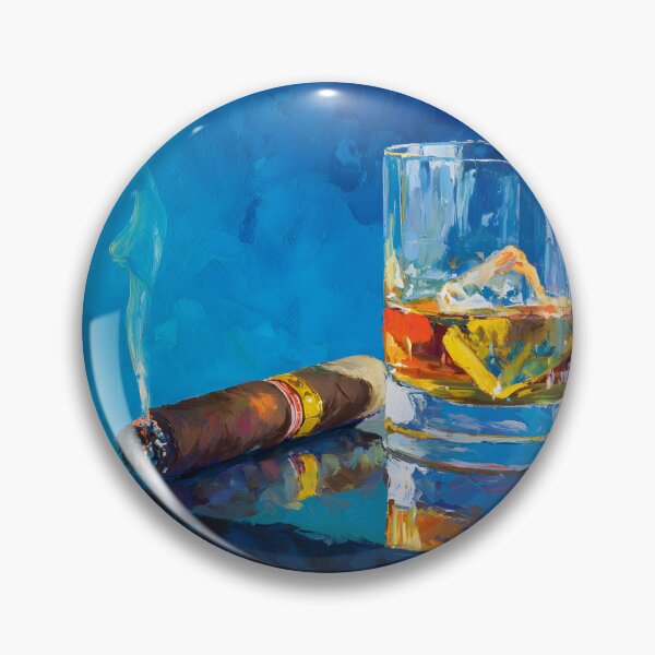 Item preview, Whiskey with Ice Beside a Lit Cigar on Reflective Surface with Vibrant Blue Contrast designed and sold by OlfactoART Studio.