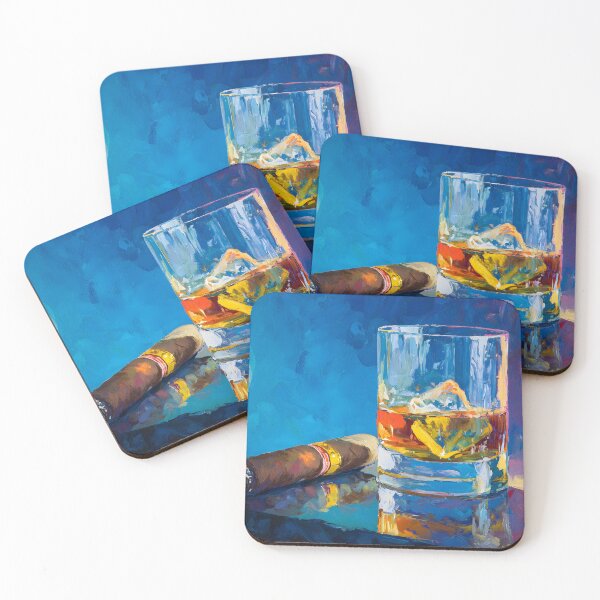 Item preview, Whiskey with Ice Beside a Lit Cigar on Reflective Surface with Vibrant Blue Contrast designed and sold by OlfactoART Studio.