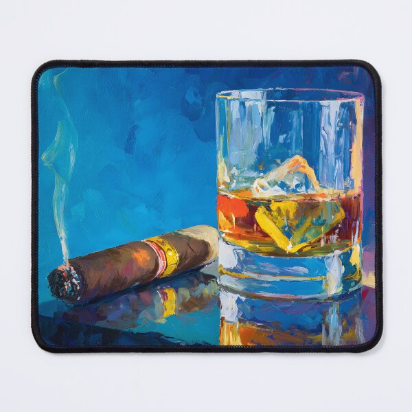Item preview, Whiskey with Ice Beside a Lit Cigar on Reflective Surface with Vibrant Blue Contrast designed and sold by OlfactoART Studio.