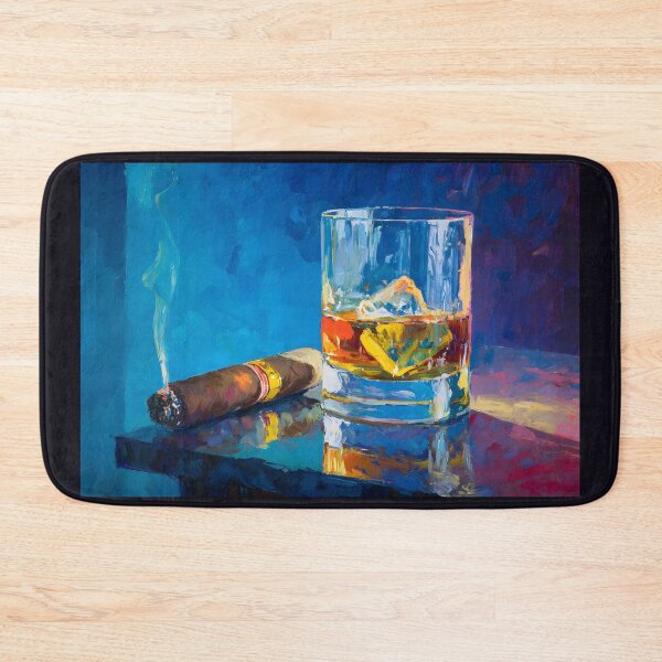 Item preview, Whiskey with Ice Beside a Lit Cigar on Reflective Surface with Vibrant Blue Contrast designed and sold by OlfactoART Studio.