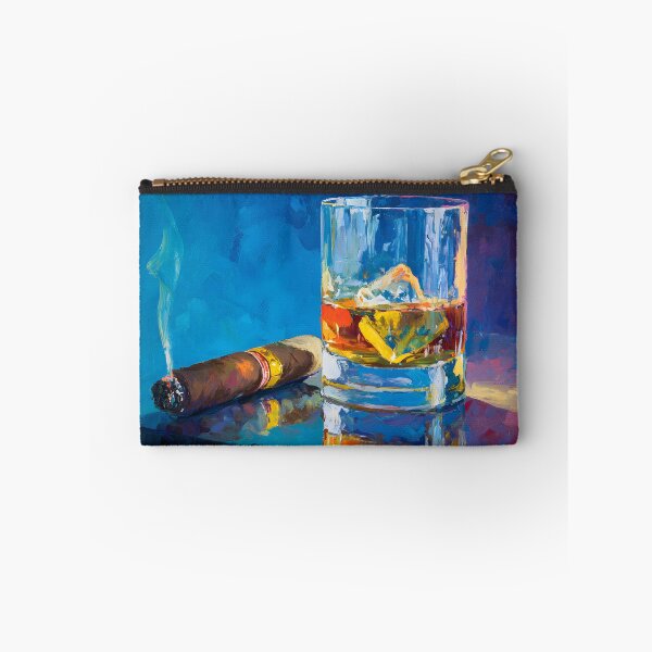 Item preview, Whiskey with Ice Beside a Lit Cigar on Reflective Surface with Vibrant Blue Contrast designed and sold by OlfactoART Studio.