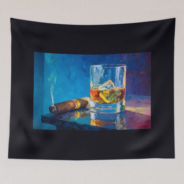 Item preview, Whiskey with Ice Beside a Lit Cigar on Reflective Surface with Vibrant Blue Contrast designed and sold by OlfactoART Studio.