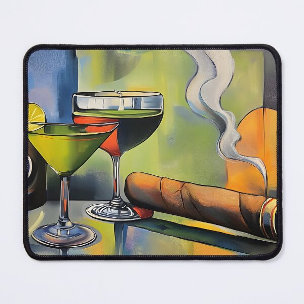 Item preview, Vibrant Cocktail Still Life with Steaming Cigar and Bottle in Colorful Setting designed and sold by OlfactoART Studio.