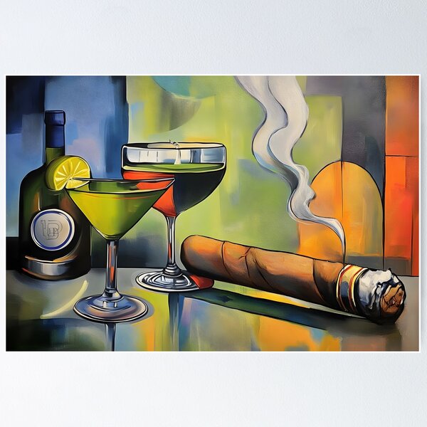 Item preview, Vibrant Cocktail Still Life with Steaming Cigar and Bottle in Colorful Setting designed and sold by OlfactoART Studio.