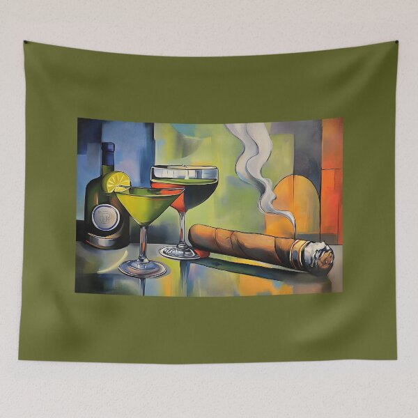 Item preview, Vibrant Cocktail Still Life with Steaming Cigar and Bottle in Colorful Setting designed and sold by OlfactoART Studio.