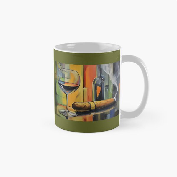 Item preview, Red Wine and Lit Cigar on Reflective Surface with Vibrant Abstract Patterns designed and sold by OlfactoART Studio.