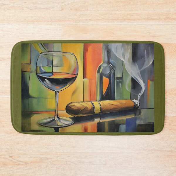 Artikelvorschau, Rotwein und brennende Zigarre auf reflektierender Oberfläche mit lebendigen abstrakten Mustern entworfen und verkauft von OlfactoART Studio.