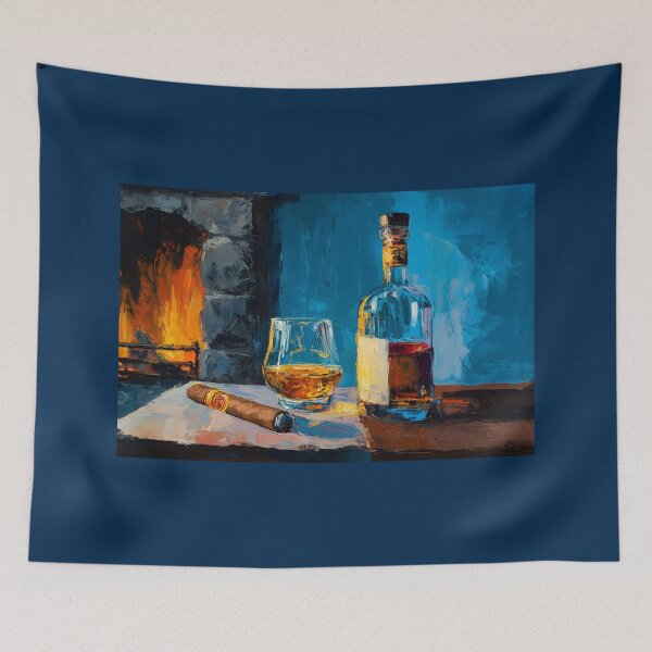 Item preview, Whiskey Bottle and Glass with Lit Cigar by Glowing Fireplace designed and sold by OlfactoART Studio.