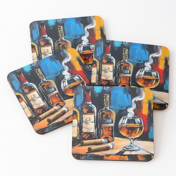 Item preview, Brandy Glass with Two Cigars and Bottles in Richly Colored Lively Composition designed and sold by OlfactoART Studio.
