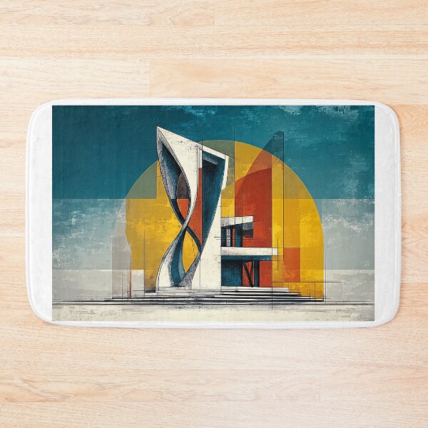Item preview, Spiral Modern Architecture in Bold Primary Colors Against Abstract Geometric Backdrop designed and sold by OlfactoART Studio.