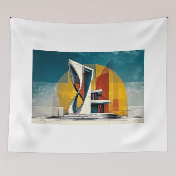 Item preview, Spiral Modern Architecture in Bold Primary Colors Against Abstract Geometric Backdrop designed and sold by OlfactoART Studio.