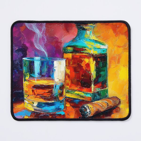 Item preview, Whiskey Glass with Bottle and Partially Smoked Cigar in Warm Vibrant Hues designed and sold by OlfactoART Studio.