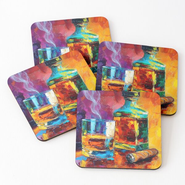 Item preview, Whiskey Glass with Bottle and Partially Smoked Cigar in Warm Vibrant Hues designed and sold by OlfactoART Studio.