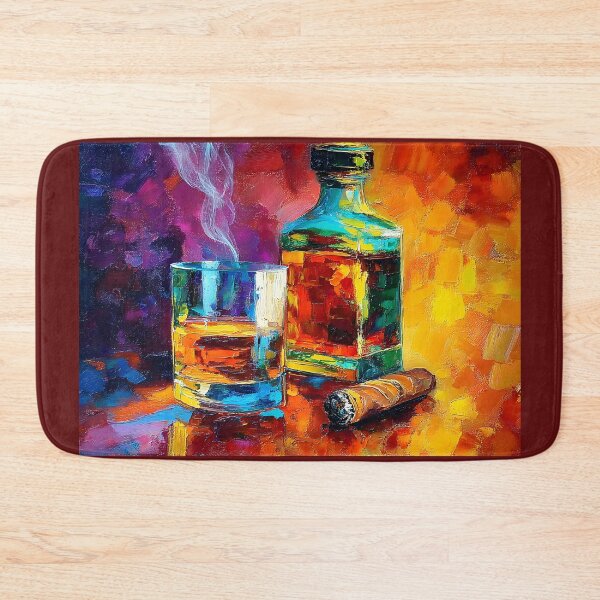 Artikelvorschau, Whiskyglas mit Flasche und teilweise gerauchter Zigarre in warmen, lebendigen Farbtönen entworfen und verkauft von OlfactoART Studio.