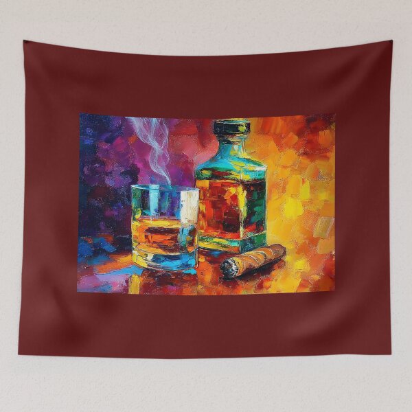 Artikelvorschau, Whiskyglas mit Flasche und teilweise gerauchter Zigarre in warmen, lebendigen Farbtönen entworfen und verkauft von OlfactoART Studio.
