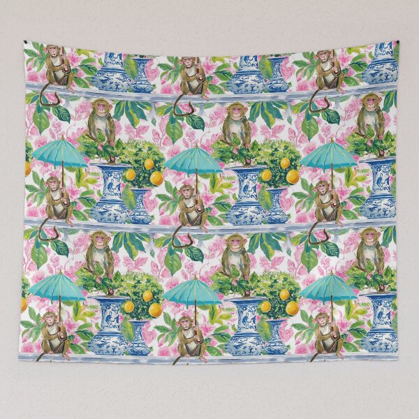 Item preview, Cheeky chinoiserie monkeys and lemon trees in ginger jars watercolor designed and sold by SophieClimaArt.