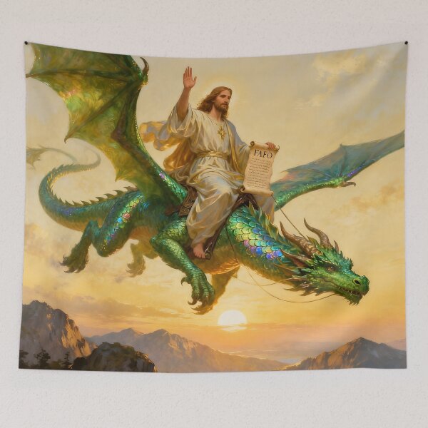 Item preview, Jesus with FAFO Scroll Riding a Green Dragon designed and sold by EyesthatBlind.