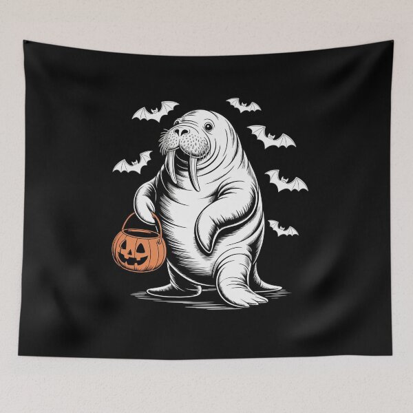 Item preview, Halloween Walrus with Pumpkin Bucket and Bats for Ocean designed and sold by countntenov.