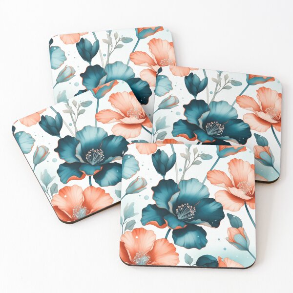 Item preview, Teal and Coral Flowers Illustration designed and sold by SassyArtistry.