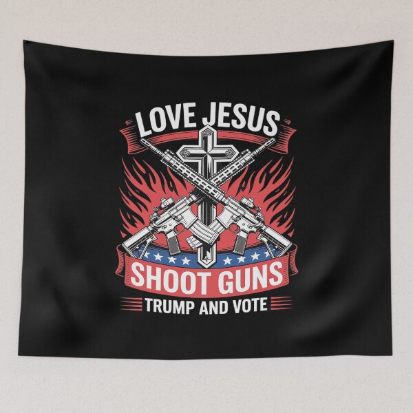 Item preview, Love Jesus. Shoot Guns. And Vote Trump Flag designed and sold by FadeOfThrone.