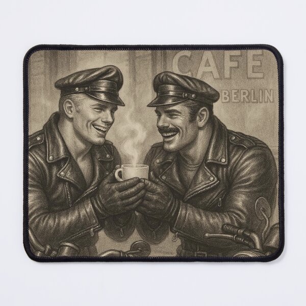 Artikelvorschau, Vintage Gay Leather Bikers Winter Cafe Berlin Tom of Finland Tribute Berlin German Pride Grafikdesign entworfen und verkauft von ItsAKinkThing.