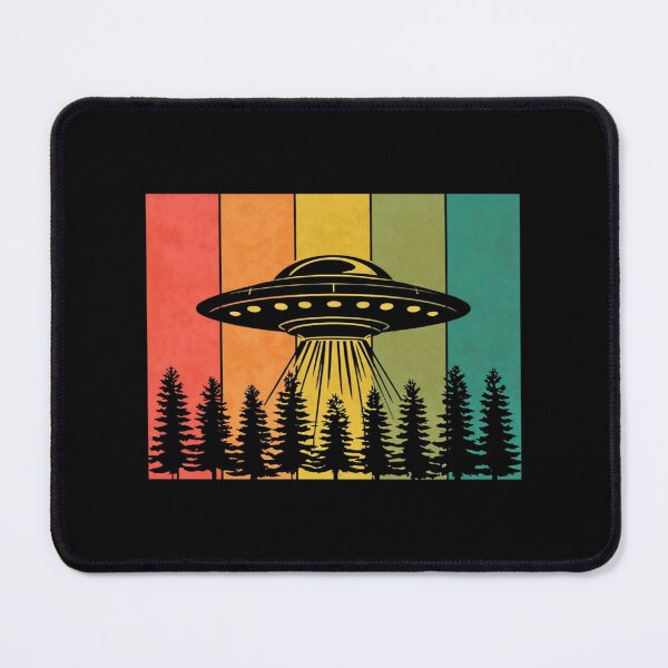 Item preview, Retro UFO Forest Encounter – Vintage Alien Spaceship Art with Pines, Beams & Sunset Stripes designed and sold by Bright Nest Studio.
