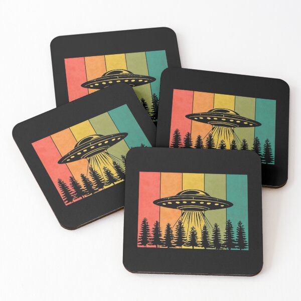 Item preview, Retro UFO Forest Encounter – Vintage Alien Spaceship Art with Pines, Beams & Sunset Stripes designed and sold by Bright Nest Studio.