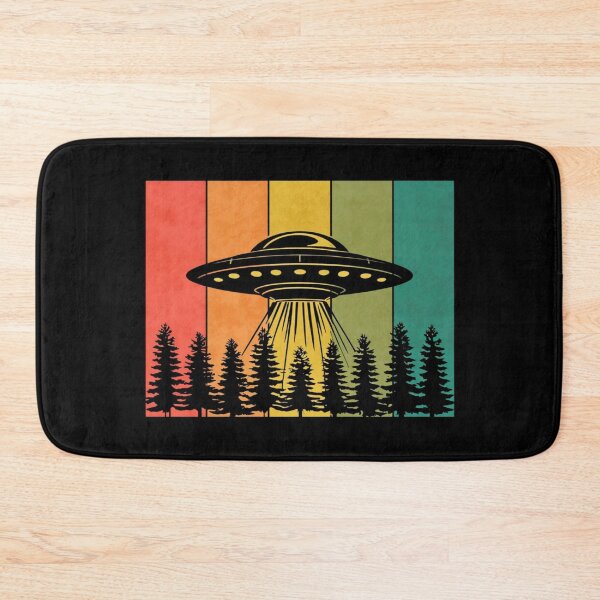 Item preview, Retro UFO Forest Encounter – Vintage Alien Spaceship Art with Pines, Beams & Sunset Stripes designed and sold by Bright Nest Studio.