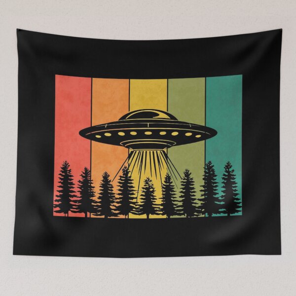 Item preview, Retro UFO Forest Encounter – Vintage Alien Spaceship Art with Pines, Beams & Sunset Stripes designed and sold by Bright Nest Studio.