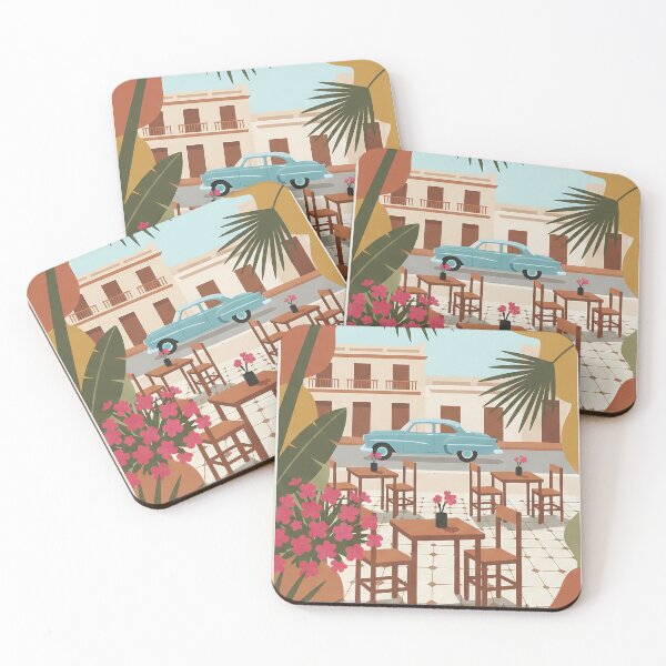 Item preview, Sunny Havana Street Cafe - Vintage Blue Car & Tropical Architecture Art designed and sold by QuietWallStudio.