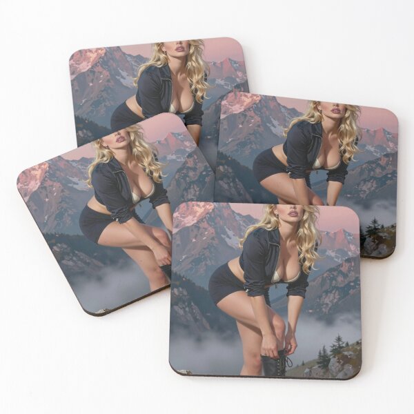Item preview, Blonde woman black outfit alpenglow mountains designed and sold by CathryneDelamort.
