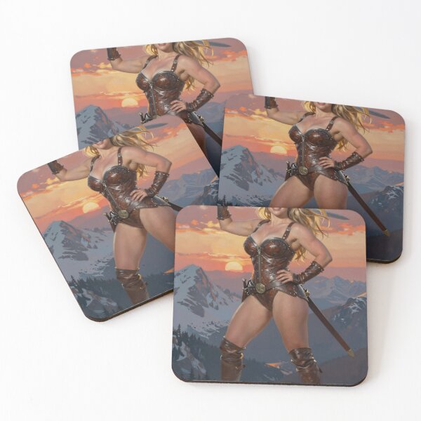 Item preview, Blonde warrior in leather armor atop snowy peak designed and sold by CathryneDelamort.