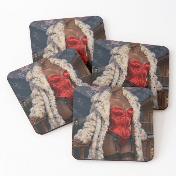 Item preview, Black woman in red corset fur coat mountains designed and sold by CathryneDelamort.