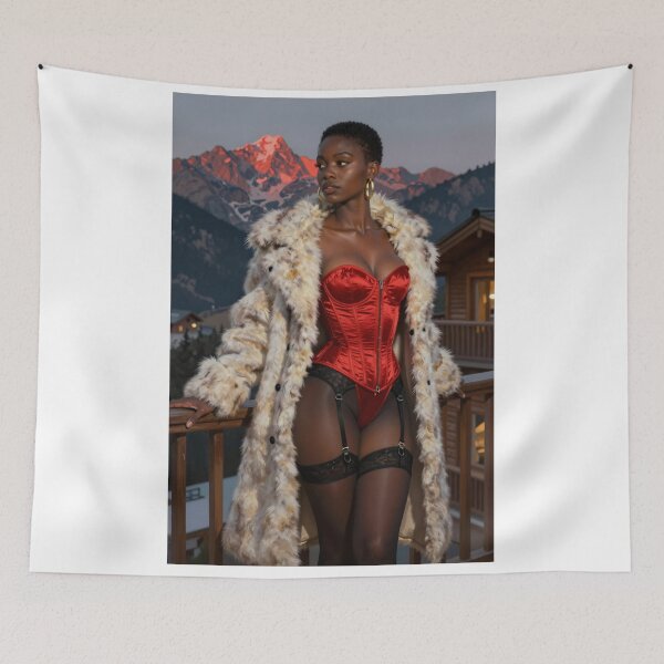 Item preview, Black woman in red corset fur coat mountains designed and sold by CathryneDelamort.