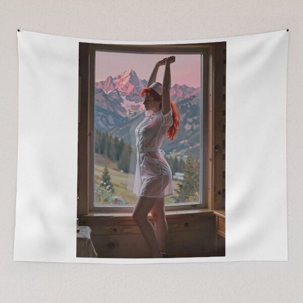 Item preview, Red-haired nurse stretches by window designed and sold by CathryneDelamort.