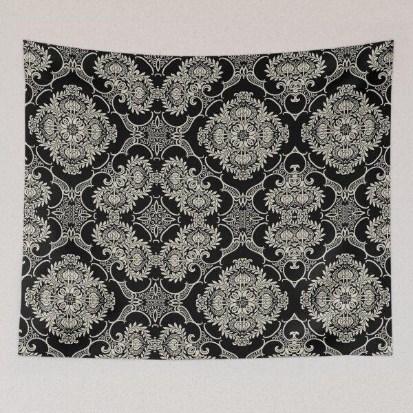 Artikelvorschau, Schwarzes und cremefarbenes Vintage-Damast-Blumenmuster entworfen und verkauft von Kruti Collection.