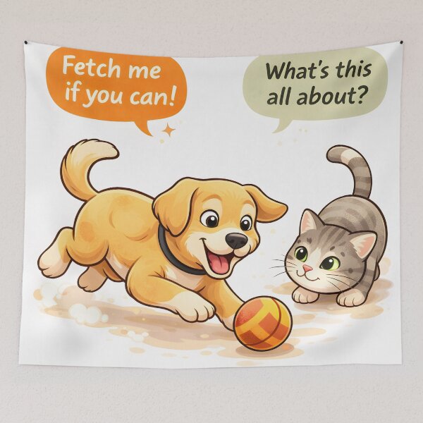Item preview, Fetch Me If You Can – Playful Dog & Curious Cat Cartoon Design designed and sold by Furfolkz.