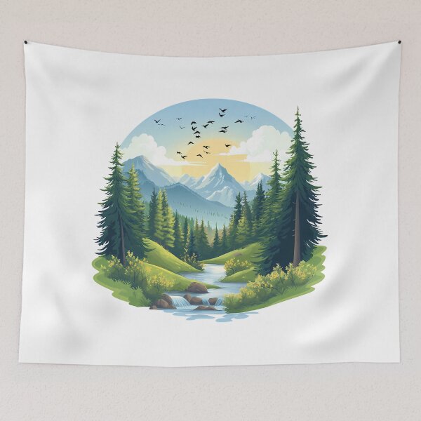 Item preview, Mountain Forest Landscape With River and Sunrise designed and sold by DesignArtist.ia.