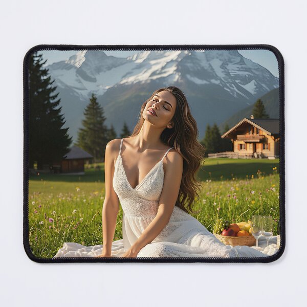 Item preview, Blissful Alpine Picnic – Woman in White Lace Dress designed and sold by SunsetAngelsAI.