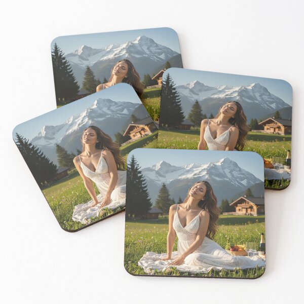 Item preview, Blissful Alpine Picnic – Woman in White Lace Dress designed and sold by SunsetAngelsAI.