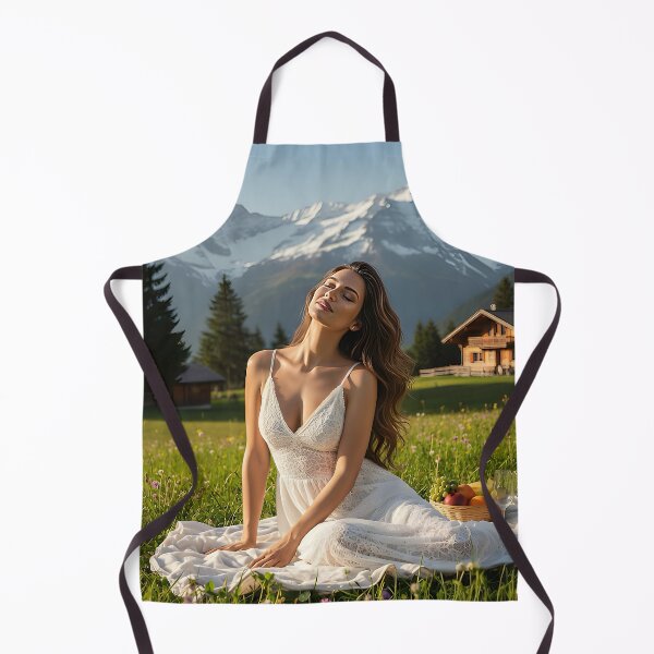 Item preview, Blissful Alpine Picnic – Woman in White Lace Dress designed and sold by SunsetAngelsAI.