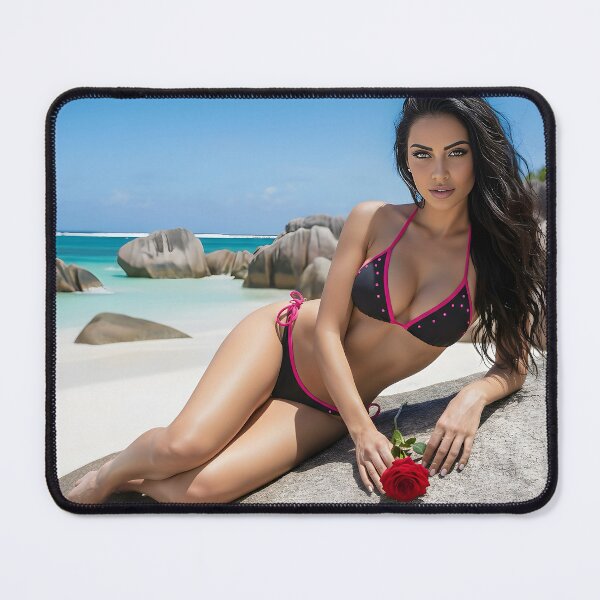 Item preview, Tropical Rose – Woman in Black and Pink Bikini on Beach Rocks designed and sold by SunsetAngelsAI.