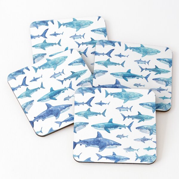 Item preview, Monochrome Blue Watercolour Sharks Ocean on White designed and sold by GrinGalore.