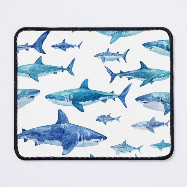 Item preview, Monochrome Blue Watercolour Sharks Ocean on White designed and sold by GrinGalore.