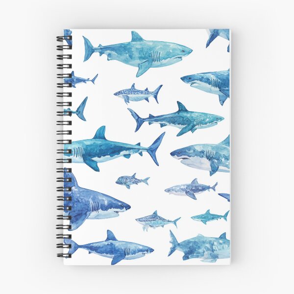 Item preview, Monochrome Blue Watercolour Sharks Ocean on White designed and sold by GrinGalore.