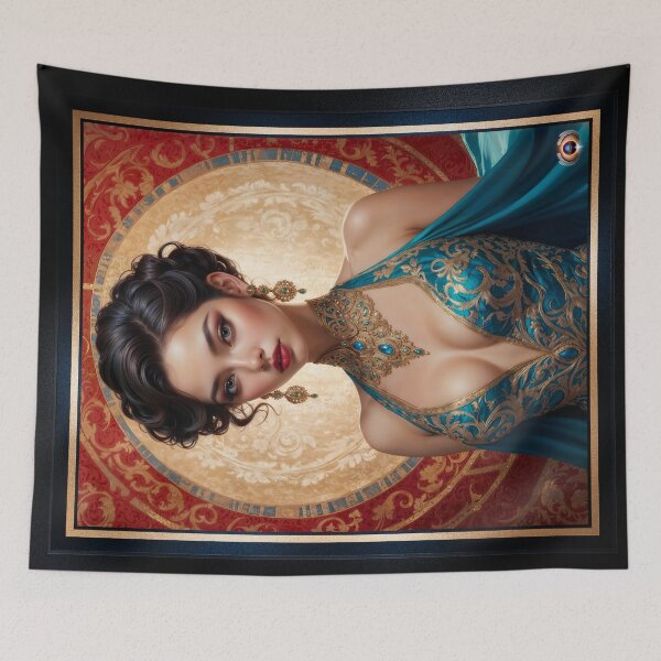 Item preview, Portrait Of Liriel Voltan In A Regal Teal Satin Dress Striking AI Concept Art by Xzendor7 designed and sold by Xzendor7 Digital Art Creations.
