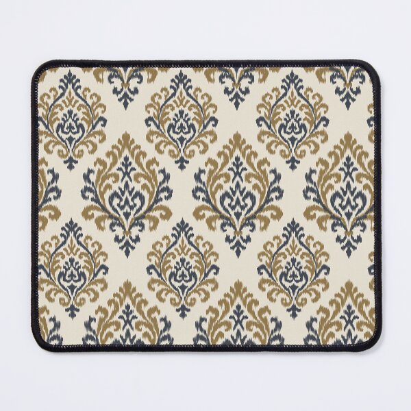 Item preview, Seamless damask pattern with classic ikat ornamental motifs in navy blue and gold on cream background, elegant repeating design for luxury textile fabric wallpaper. designed and sold by Opart Srinok.