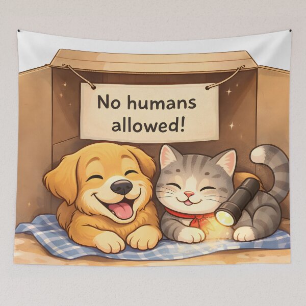 Item preview, No Humans Allowed – Cute Dog & Cat Fort Cartoon Illustration designed and sold by Furfolkz.