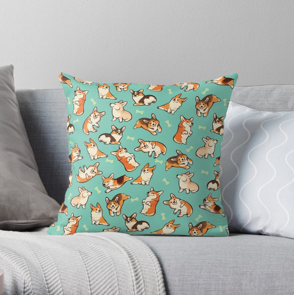 Jolly corgis in green Throw Pillow