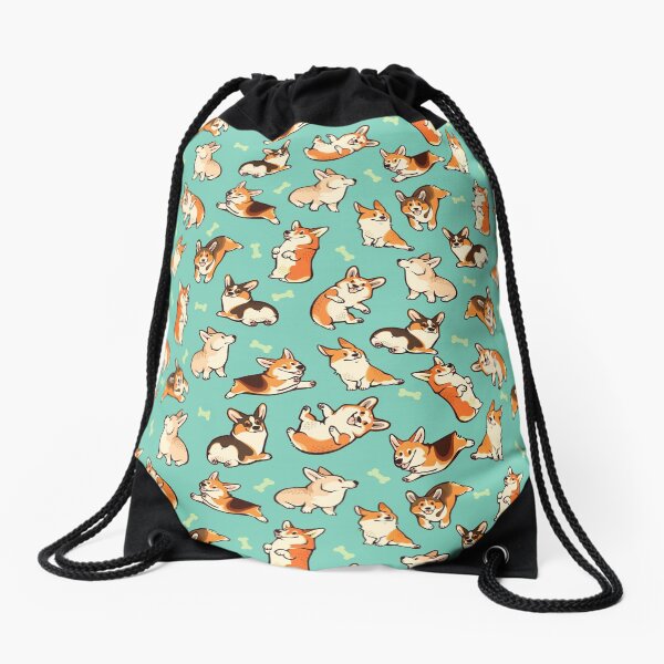 Jolly corgis in green Drawstring Bag